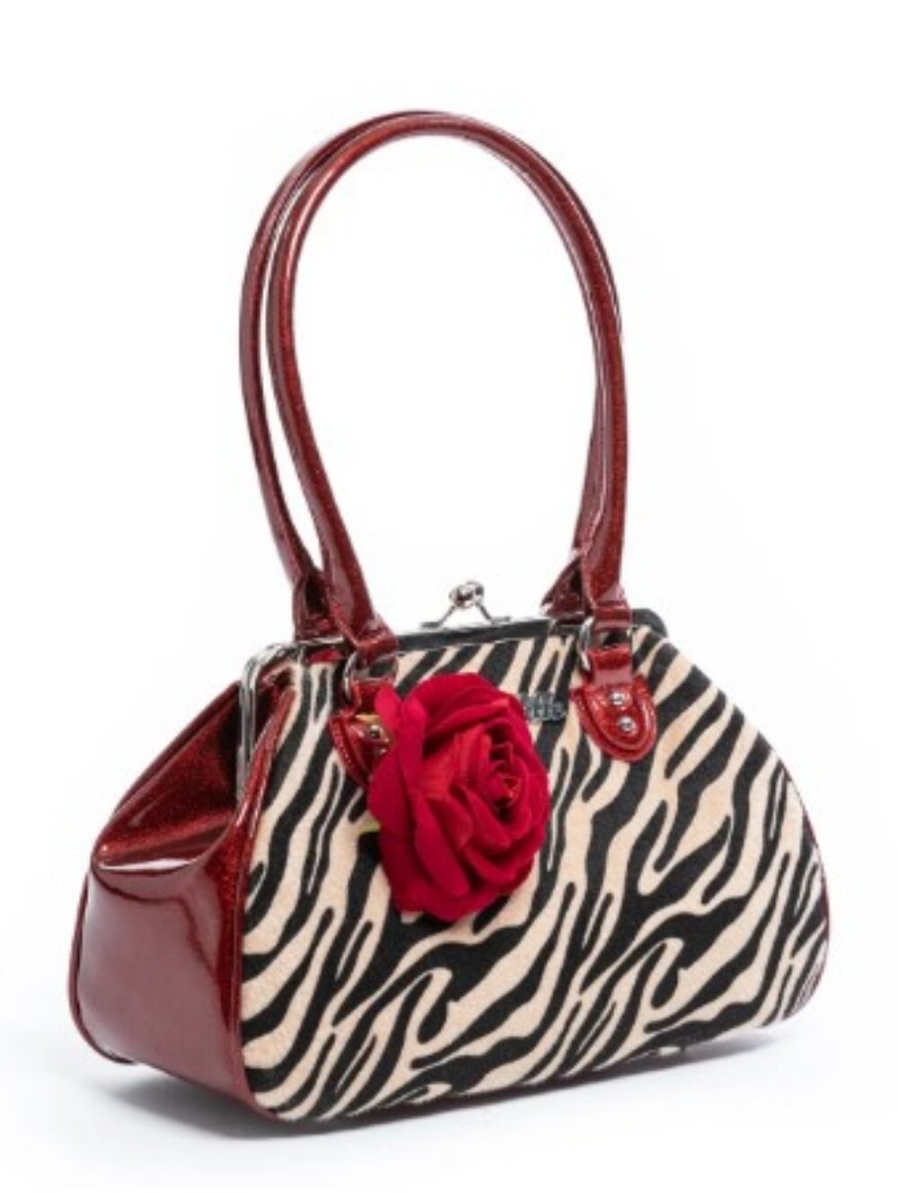 Lux de Ville Red Rum Sparkle and Faux Tiger Sin City Kiss Lock Purse NWT